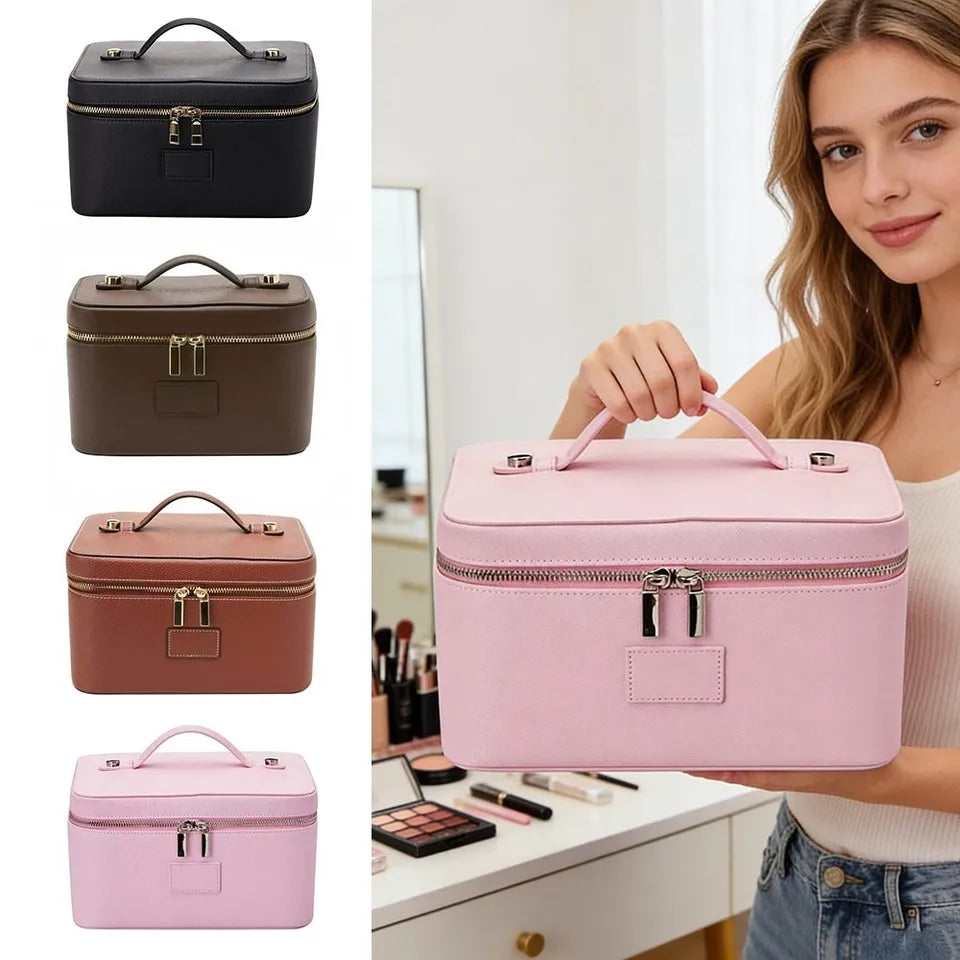 New PU Leather Makeup Bag Square Shape Large Capacity Toiletry Bag Waterproof Removable Divider Cosmetic Pouch for Women & Men
