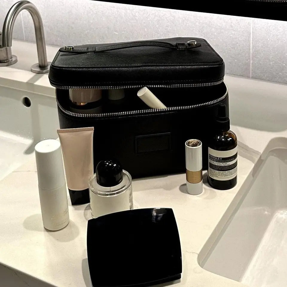 New PU Leather Makeup Bag Square Shape Large Capacity Toiletry Bag Waterproof Removable Divider Cosmetic Pouch for Women & Men