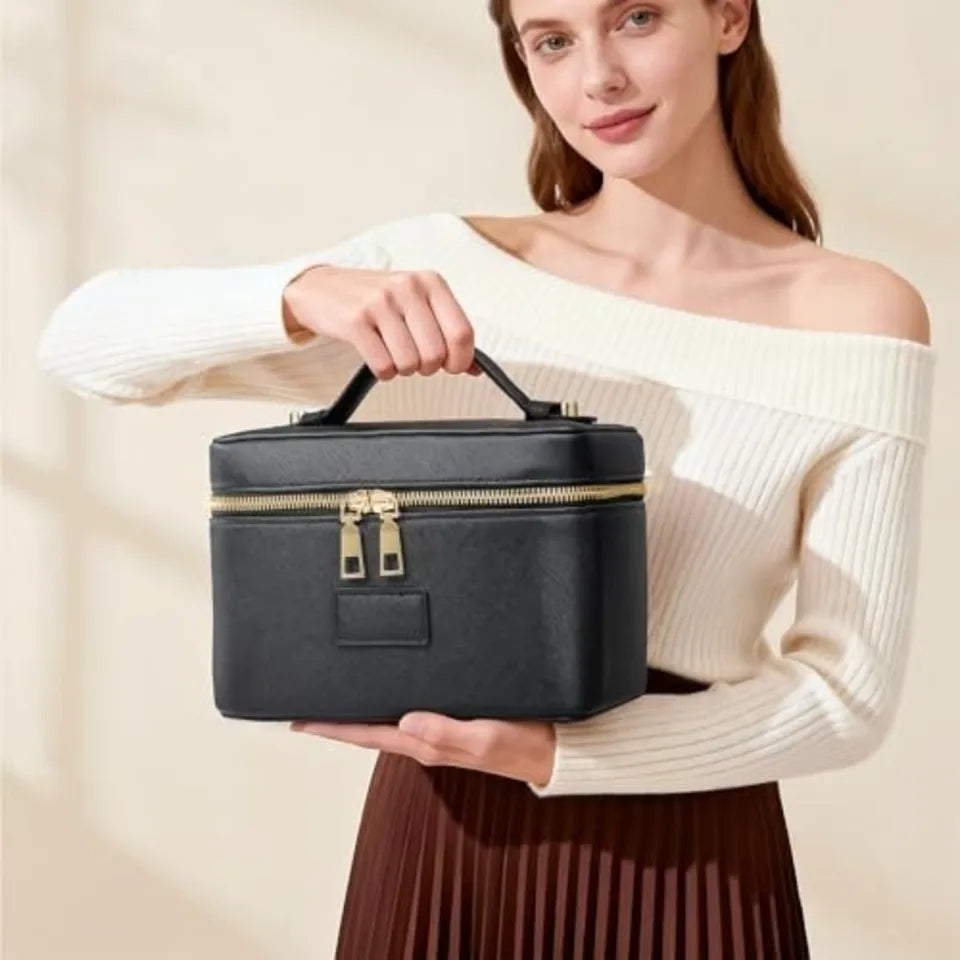 New PU Leather Makeup Bag Square Shape Large Capacity Toiletry Bag Waterproof Removable Divider Cosmetic Pouch for Women & Men