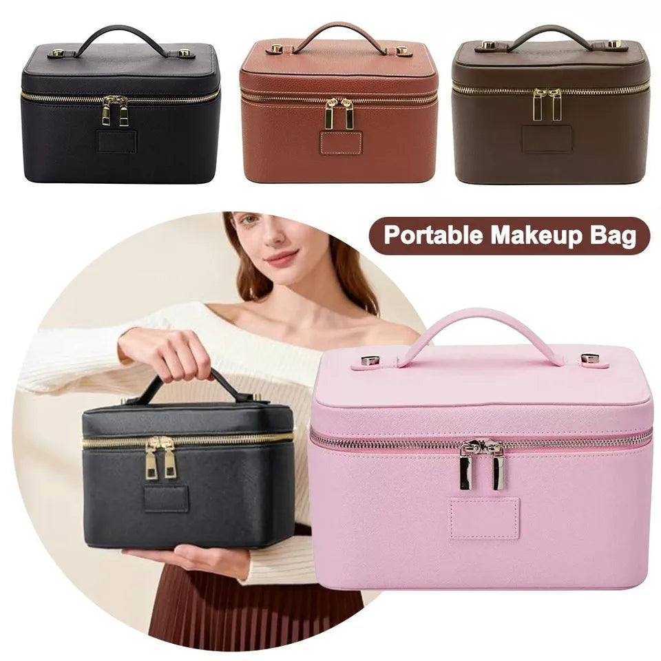 New PU Leather Makeup Bag Square Shape Large Capacity Toiletry Bag Waterproof Removable Divider Cosmetic Pouch for Women & Men